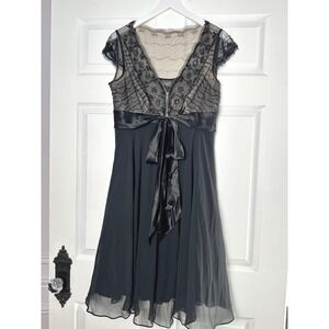 Adrianna Papell Black Beaded Sequin Cocktail Dress Chiffon Satin Sheer Prom 8